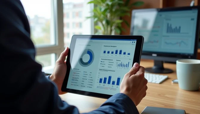 Person holding tablet with charts background